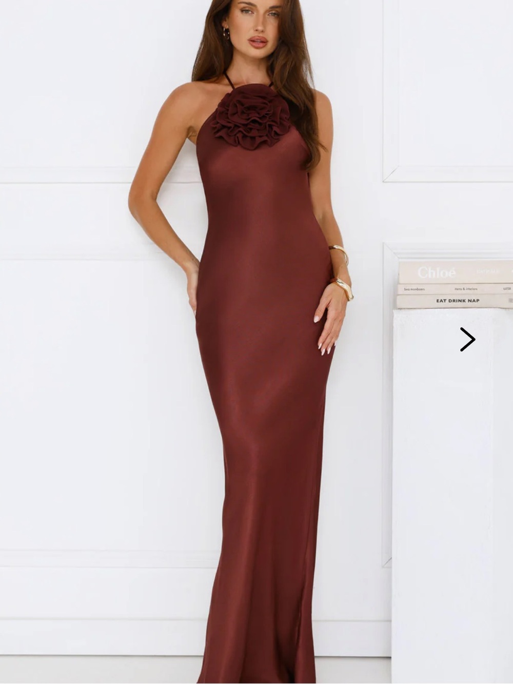 Hello Molly Burgundy Halter Gown with Rose Applique
